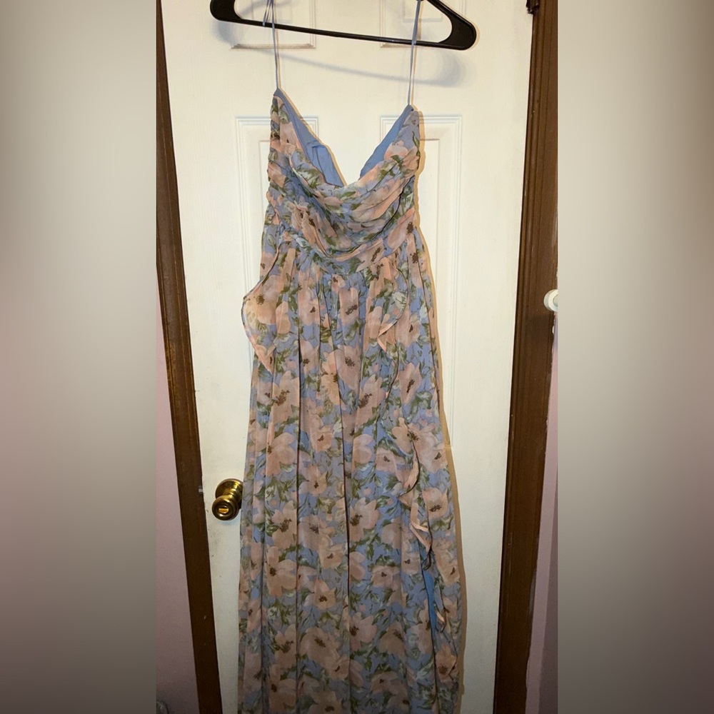 Fashion Nova Blue and Pink Floral Strapless Maxi Dress